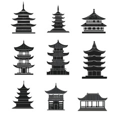 Japanese Chin Pagoda Silhouette Black Icons Set for Creative Designs