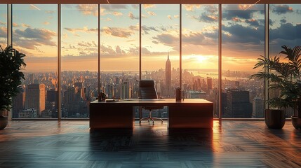 Sunset cityscape view from modern office.