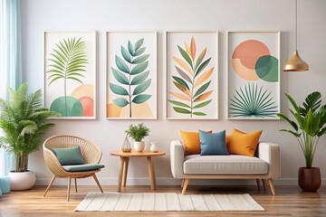 Boho Pastel Botanical Wall Art Prints, Minimalist Home Decor, Abstract Plant Shapes, Modern Line Art Prints Set of Four