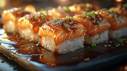 Freshly prepared salmon sushi, glazed and seasoned, served on a dark wooden tray