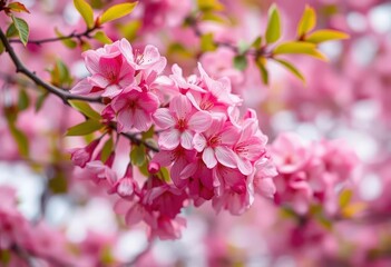 Fototapeta premium Vibrant pink blossoms in full bloom, soft focus, romantic backdrop, nature, bloom