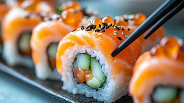 Freshly prepared salmon sushi roll, close-up