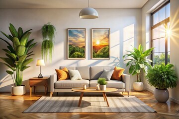 Bright Living Room Interior Design: Stylish Posters & Natural Sunlight