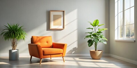 Bright Minimalist Living Room: Orange Armchair, Green Plant, Sunlight