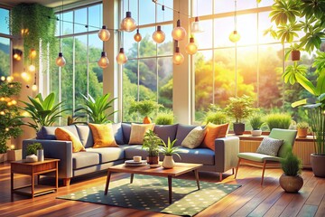 Fototapeta premium Bright Modern Living Room with Large Windows and Bokeh Effect - Cozy Home Interior Design