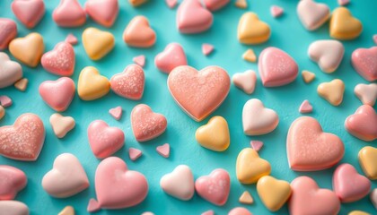 Fototapeta premium Pastel-colored candy hearts scattered on turquoise background, scattered, top view