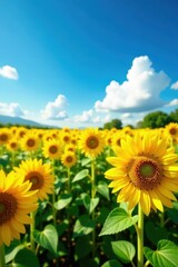 Fototapeta premium Vibrant yellow sunflowers dominate a vast blue sky field , flower, sky, view