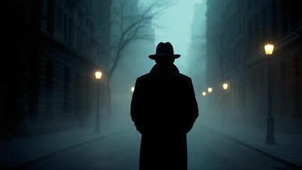 Silhouette of a man in a coat and hat standing on a foggy city street at night.