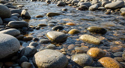 River Rocks, Clear Water, Nature Scene, Generative AI image, Pebble Beach, Tranquil Stream, Generative AI image, Underwater Stones, Fresh Water, Generative AI image