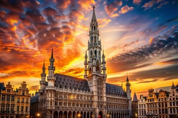 Obraz premium Brussels City Hall Silhouette at Sunset - Dramatic Cityscape Stock Photo