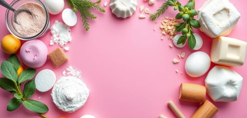 Pastel pink background, heart-shaped frame of baking ingredients Top view, copy space, recipe, romantic