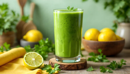 a glass of green smoothie juice on a wooden coaster