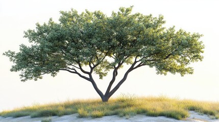 Fototapeta premium Isolated tree on a grassy hill. Lush foliage, elegant branches, simple, natural