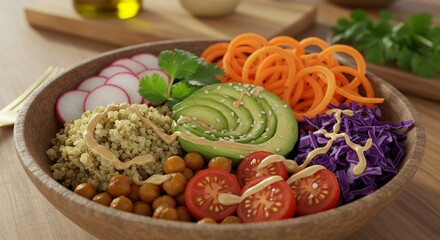 A vibrant Buddha bowl with quinoa, roasted chickpeas, avocado, cherry tomatoes, cabbage, radish, and carrots. Drizzled with tahini, topped with cilantro and sesame. A sunlit kitchen glows behind.