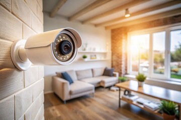 Candid Photo: White Security Camera Mounted on Wall, Home Security System