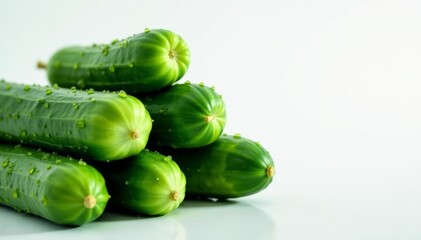 Pile of juicy cucumbers with droplets of water on white surface, diet, raw