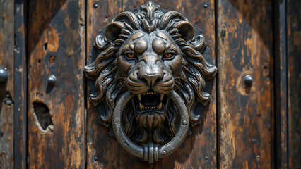 Vintage Lion Head Knocker on an Old Wooden Door - Generative AI