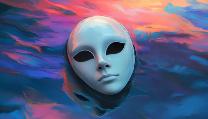Watercolor Illustration of White Theater Mask Reflecting on Colorful Abstract Background. Concept of Performance, Drama, Theatrical Arts, Creative Expression