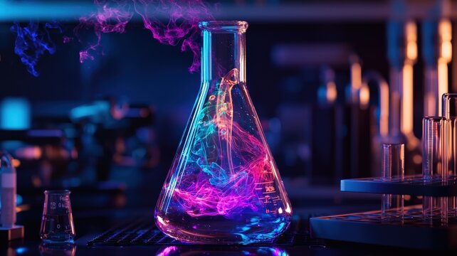 Futuristic science experiment in a high-tech lab flask. A swirling, colorful chemical reaction glows, illuminated by cool blue LED lights from below.

