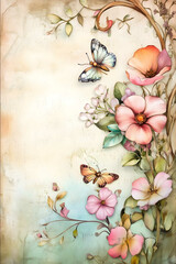 vintage junk journal background pastel colored handmade paper faded rustic shabby with a very delicate floral pattern bees butterflies barely visible antique ch