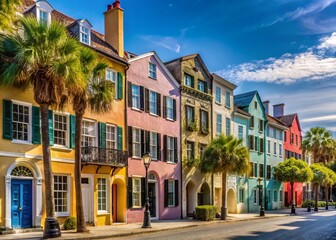 Obraz premium Charleston Rainbow Row Minimalist Photography: Colorful Historic South Carolina Houses
