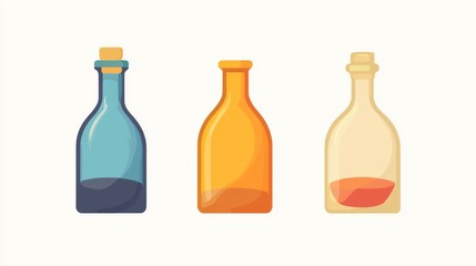 Obraz premium Three colorful glass bottles in various shapes and sizes, set against a neutral background, showcasing vibrant colors
