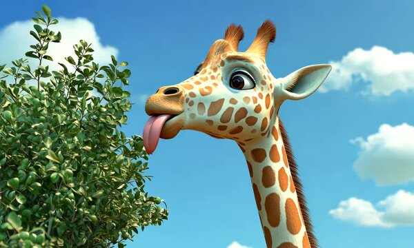 Playful cartoon giraffe sticking out tongue near green foliage 3d cartoon with ai generated.