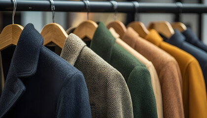 Fototapeta premium Collection of Colorful Jackets and Coats Neatly Hung on Wooden Hangers. Concept of Fashion, Outerwear Variety, Seasonal Style, Wardrobe