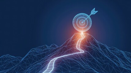 Digital target on a peak of mountain. Abstract business goal and success concept. Road to the top. Futuristic low poly wireframe vector illustration. Leadership metaphor on technology blue background 