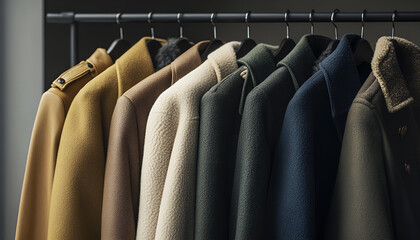 Obraz premium Collection of Colorful Jackets and Coats Neatly Hung on Wooden Hangers. Concept of Fashion, Outerwear Variety, Seasonal Style, Wardrobe