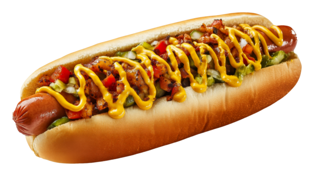 Delicious hot dog with mustard and relish, isolated on white, transparent background. Fast food concept