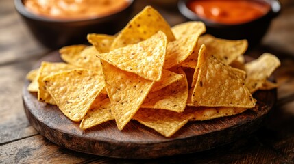 Golden tortilla chips served on a wood board with two dipping sauces