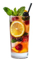 Refreshing fruit cocktail with lemon and mint in a clear glass, tropical drink concept