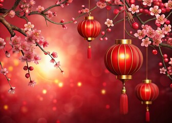 Chinese New Year Lanterns & Cherry Blossoms - Festive Asian Decor Stock Photo