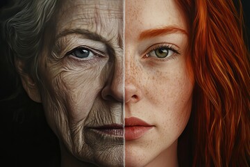 powerful gaze: young and old woman’s face side by side
