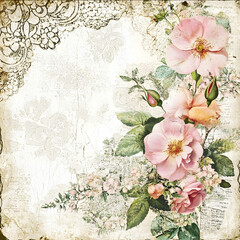 postcard vintage ephemera white background collage book style clip art Victorian floral patterns vintage pages lace overlays muted pastels worn edges