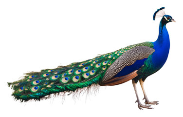 Obraz premium Majestic peacock with vibrant feathers, side profile on transparent background. Exotic wildlife beauty concept