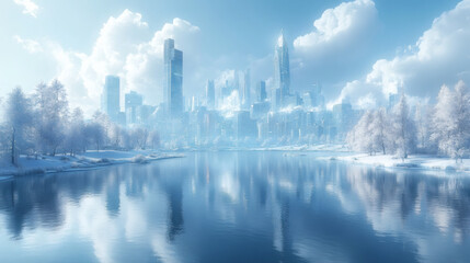 Fototapeta premium Snowy Futuristic Cityscape Reflecting in a Frozen Lake
