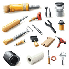 Realistic 3D Repair Icons and Renovation Work Tools Illustration