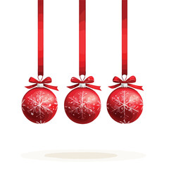 Festive Red Christmas Balls Hanging with Ribbon and Snow EPS