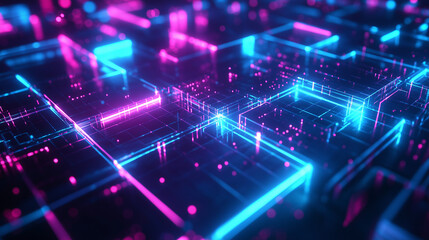 Cyberpunk Neon Grid: Glowing Blue and Magenta Futuristic Digital Art Background data code light retro