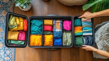 An open suitcase with organized packing cubes filled with colorful clothing sits on the floor as a traveler