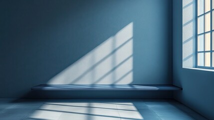 Fototapeta premium A 3D blue background with an empty studio room and a navy gallery shelf offers a minimalist backdrop for showcasing products or promotions across seasons