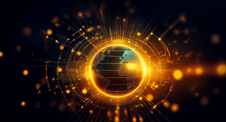 Obraz premium Digital globe with glowing orange lines and dots on dark backdrop. Global network concept, illustrating connection, technology and the future.