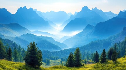 Obraz premium Misty mountain range with lush valleys