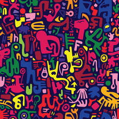 Vibrant abstract graffiti pattern with bold, dynamic shapes