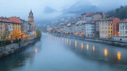 Fototapeta premium Misty river flowing through town at dawn