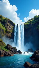 A majestic waterfall cascading down rocks against a vibrant blue sky background, cascading, vivid, powerful