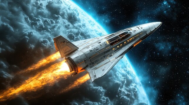 Spaceship launching into space, orbiting a planet.