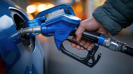Fueling a blue car at a gas station during the evening